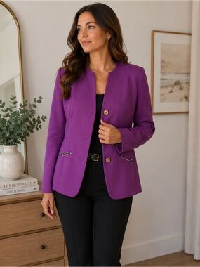 Maria Designs London Purple Collarless Blazer Jacket Size XL Vintage 80s 90s